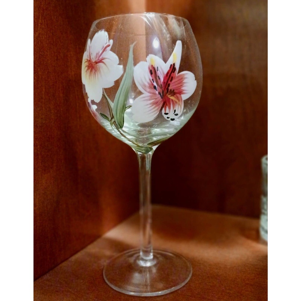 9" Goblet HAND PAINTED‎ WINE GLASS Hawaiian Hibiscus Lilly Flowers